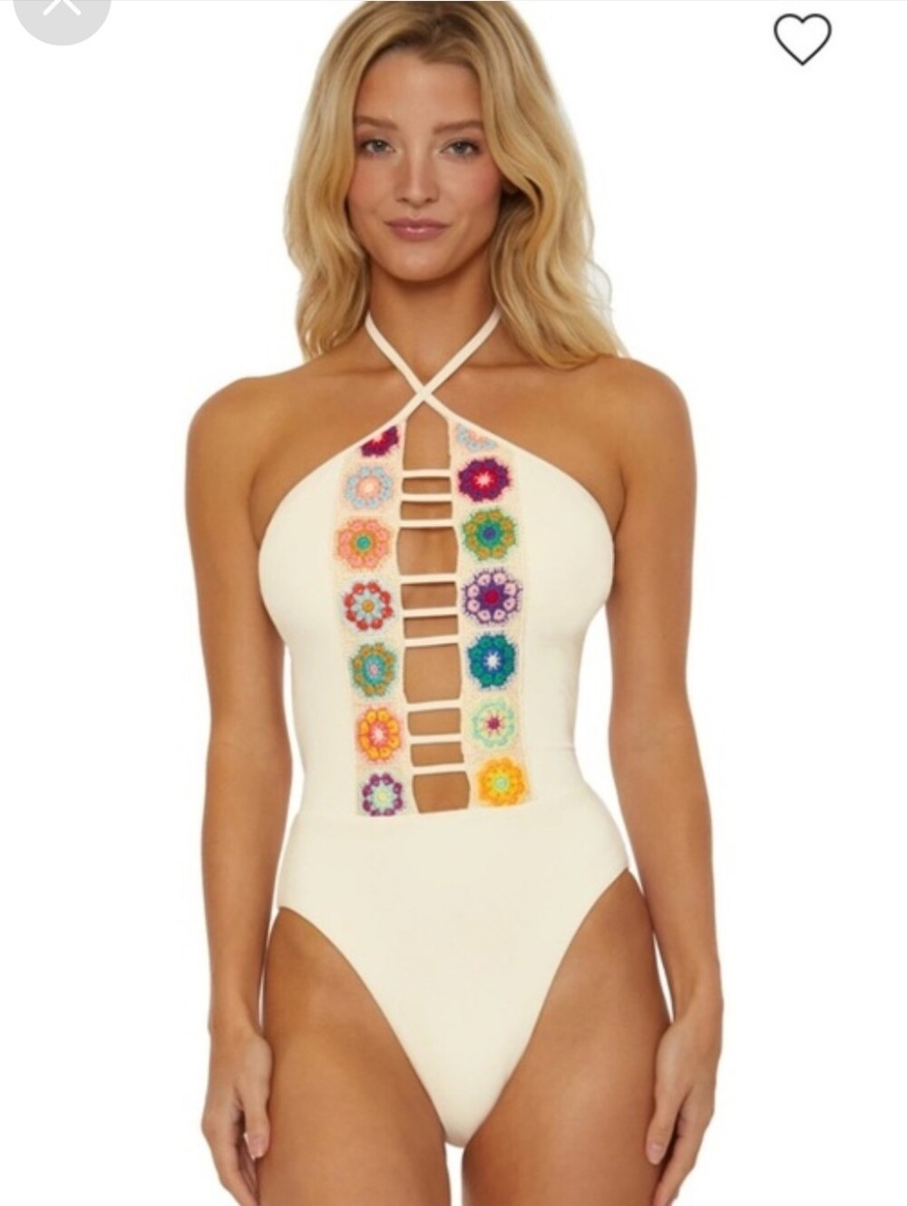 Isabella Rose Swim Cream Halter One-Piece Swimsuit with Multicolor Crochet Inset